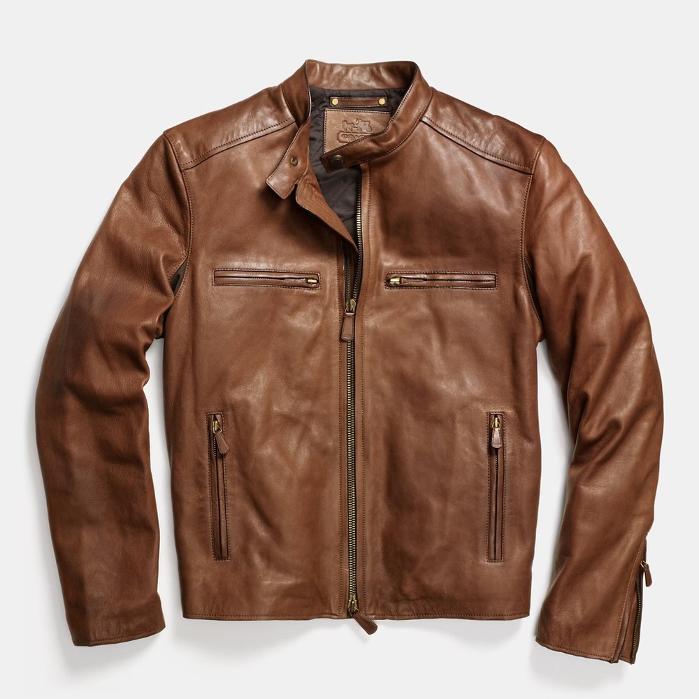 Coach Bleecker Cafe Racer Leather Moto Biker Jacket Fawn Brass XL